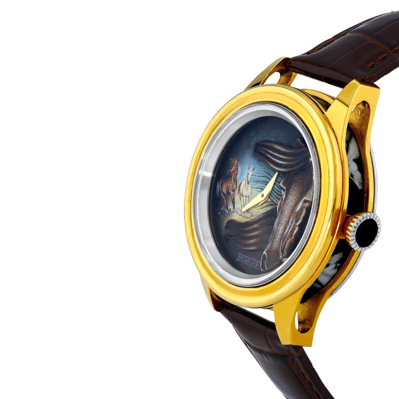 Stunning Micro Hand Painted Horses Unisex Watch, Handmade Genuine Leather Analog Watch, Animal Painted Luxury Watch, Boyfriend Gift image 4