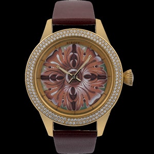 Hand Painted Floral Design Women Watch, Genuine Leather Luxury Watch, Genuine Diamond Wristwatch, Handmade Analog Watch, Gift for Her