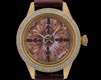 Orologio da donna dal design floreale dipinto a mano, orologio di lusso in vera pelle, orologio da polso con diamanti genuini, orologio analogico fatto a mano, regalo per lei