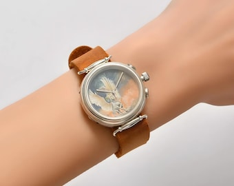 Impresionante reloj Pegasus pintado a mano para mujer, reloj de lujo en plata 925, reloj de pulsera de cuero genuino con piedras preciosas, reloj de cuarzo con piedras preciosas, regalo para mujer.