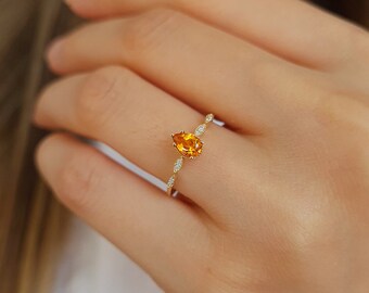 Teardrop Citrine & Diamond Solitaire Ring, 14K Gold Engagement Ring, Handmade Promise Ring, Natural Stone Jewelry, Bridal Ring, Women Gift