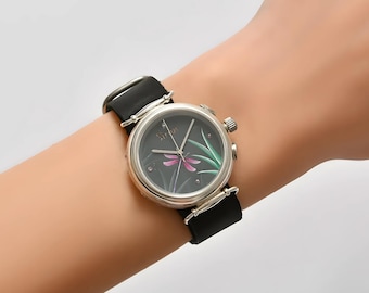 Dragonfly Hand Painted Watch, Handmade Genuine Leather Luxury Watch, Gemstone Quartz Watch, Women Silver Watch, Unique Girlfriend Gift