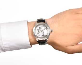 Orologio di lusso moderno, orologio da polso unisex con cavalli dipinti a mano in bianco e nero, gioiello con animali, orologio fatto a mano in vera pelle, regalo per lui