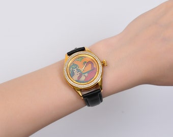 Gorgeous Sahmaran Painted Watch, Real Diamond Luxury Wristwatch, Genuine Leather Women Watch, Turkish Mythology Snake Watch, Gift for Her