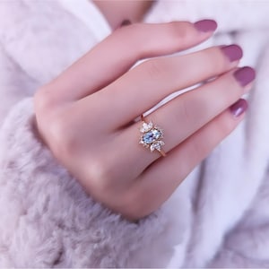 Oval Cut Aquamarine Promise Ring, 14K Gold Bridal Ring, Women Wedding Ring, Diamonds Engagement Ring, Luxury Proposal Ring, Anniversary Gift