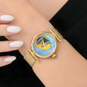 Micro Acrylic Painted Fish Women Watch, Unique Blue Dial Wristwatch, Golden Stainless Still Luxury Watch, Waterproof Watch, Birthday Gift