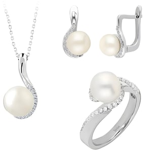 Genuine Pearl Bridal Jewelry Set, Diamonds Pave Necklace Set, 14K Gold Dangle Earrings Set, Unique Wedding Ring Set, Christmas Gift