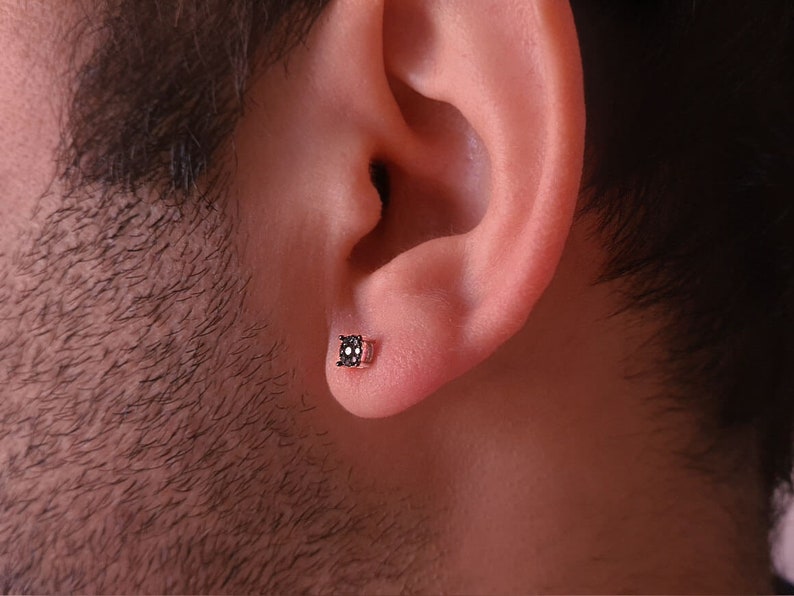 Handmade Black Diamonds Men Earring 14K Gold Dainty Stud Etsy