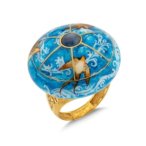 Blue Sapphire Chunky Ring, Handmade Birds Painted Signet Ring, Unisex Statement Ring, 24K Gold Animal Ring, Gemstone Jewelry, Women Gift