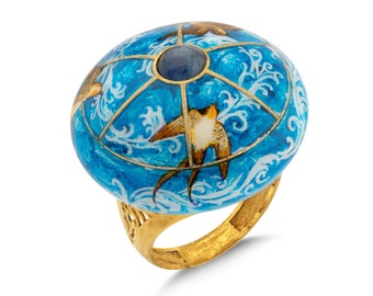 Blå safir tjock ring, handgjord fågelmålad signetring, unisex statementring, 24K guld djurring, ädelstenssmycken, gåva för kvinnor