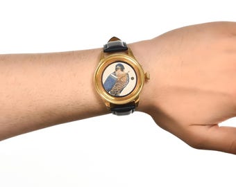 Orologio con mosaici di uccelli dipinti a mano, orologio unisex in vera pelle, elegante orologio di lusso, orologio da polso impermeabile, regalo per marito