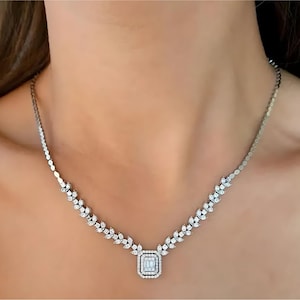 14K Gold Diamonds Pave Luxury Necklace, Elegant Wedding Necklace, Gemstone Baguette Bridal Necklace, Unique Statement Necklace, Bridal Gift