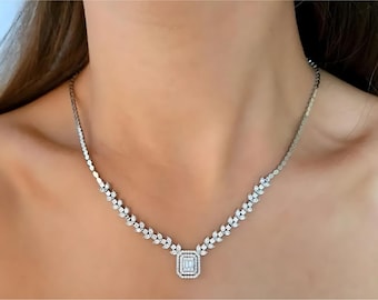 Collar de lujo con pavé de diamantes en oro de 14 quilates, elegante collar de boda, collar nupcial con baguette de piedras preciosas, collar llamativo y regalo de boda.