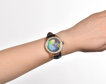 Butterfly Women Wristwatch, Hand Painted Luxury Watch, Genuine Diamond Analog Watch, Unique Leather Waterproof Watch, Girlfriend Gift