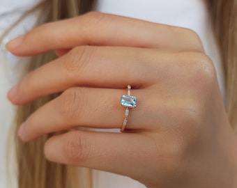 Unique Blue Topaz Gemstone Solitaire Ring, 14K Gold Emerald Cut Engagement Ring, Diamond Promise Ring, Bridal Jewelry, Mothers Day Gift