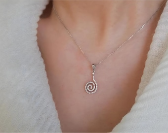 Collana a spirale con diamanti delicati, ciondolo geometrico da donna in oro massiccio 18 carati, collana statement fatta a mano, collana di lusso, regalo per San Valentino