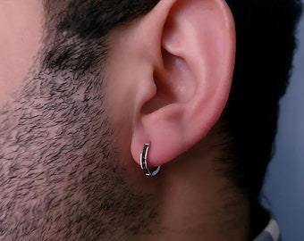 Delicate Black Diamond Huggie Hoop Earring, Dainty Men Hoop Earring, Handmade Statement Earring, Minimalist Men Earring, Boyfriend Gift