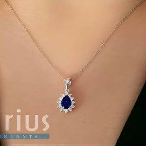 Unique Pear Cut Sapphire Solitaire Necklace, Elegant Diamond Women Necklace, Dainty Gemstone Necklace, Handmade Jewelry, Anniversary Gift