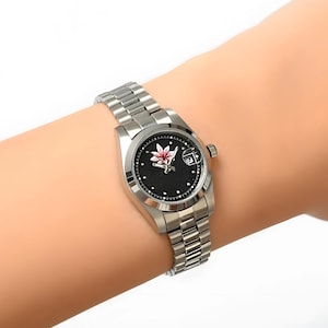 Elegant Lotus Flower Women Wristwatch, Hand Painted Floral Analog Watch, Handmade Yoga Inspired Watch, Stainless Still Watch, Birthday Gift