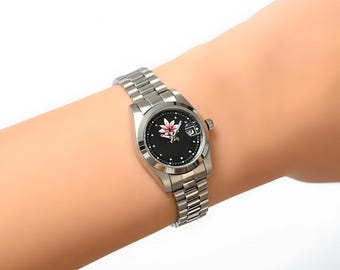 Elegant Lotus Flower Women Wristwatch, Hand Painted Floral Analog Watch, Handmade Yoga Inspired Watch, Stainless Still Watch, Birthday Gift