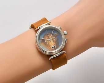 Genuine Leather Ox Painted Watch, Sapphire Stone Women Silver Watch, Handmade Gemstone Luxury Wristwatch, Elegant Analog Watch, Mother Gift