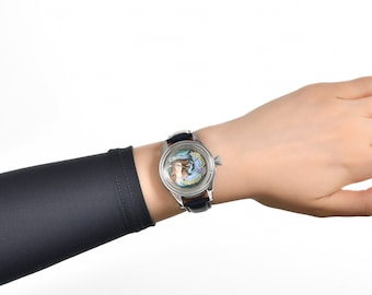 Orologio da polso da donna fatto a mano, orologio da donna con aquila dipinto a mano, orologio di lusso in vera pelle fatto a mano, orologio analogico impermeabile, regalo da donna