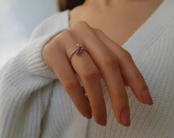 14K Gold Gemstone Snake Ring, Natural Amethyst and Aquamarine Ring, Genuine Diamonds Ring, Dainty Birthstone Ring, Unique Ring, Gift for Her