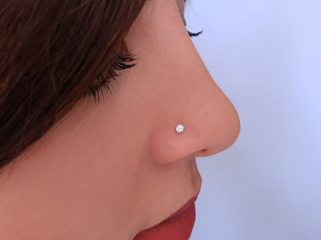 Sparkling Diamond Nose Piercing, Handmade 14K Gold Gemstone Piercing