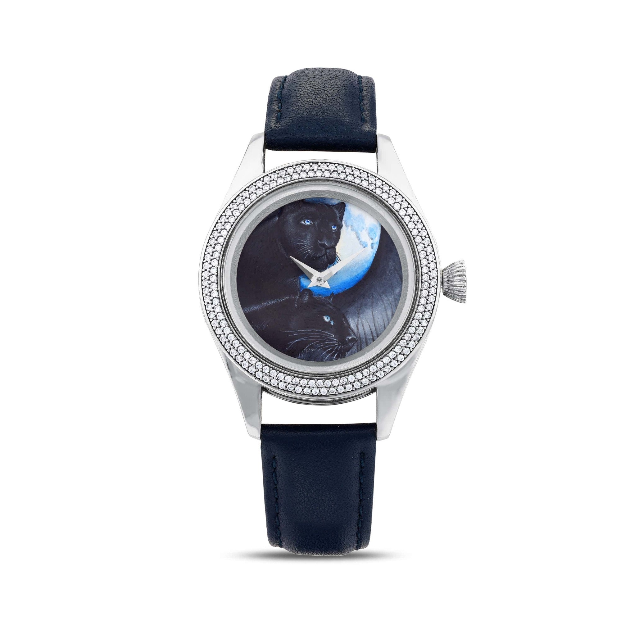 エレガントなダイヤモンドレディース腕時計、マイクロハンドペイントブラックパンサーズ腕時計、本革高級腕時計、防水アニマルウォッチ、女性へのギフト -  Etsy 日本