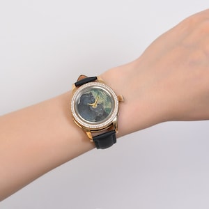 Diamond Women Watch, Hand Painted Black Puma Watch, Genuine Leather Luxury Watch, Elegant Analog Watch, Unique Animal Watch, Handmade Gift