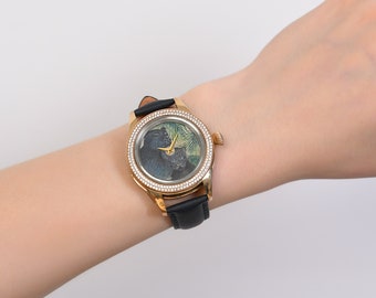 Reloj de diamantes para mujer, reloj Puma negro pintado a mano, reloj de lujo de cuero genuino, elegante reloj analógico, reloj único con diseño de animal, regalo hecho a mano.