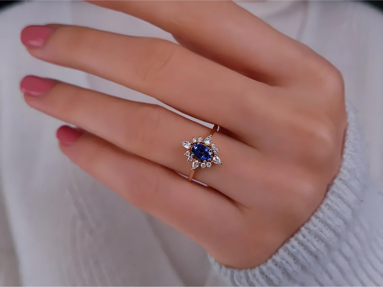 Oval Blue Sapphire Ring, Diamond Bridal Ring, 14K Gold Delicate ...