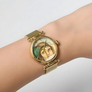 Handmålad akrylklocka för kvinnor, handgjord zigenarklocka med lyxigt utseende, analogt armbandsur i guld, rostfritt stål, jubileumspresent