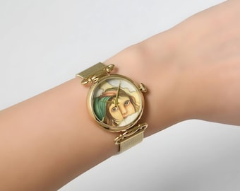 Montre visage de femme acrylique peinte à la main, montre de luxe gitane faite main, montre-bracelet analogique dorée, montre en acier inoxydable, cadeau d&#39;anniversaire