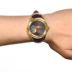 Elegant Dragon Hand Painted Luxury Watch, Chinese Mythology Wristwatch, Genuine Leather Unisex Watch, Stainless Still Watch, Handmade Gift