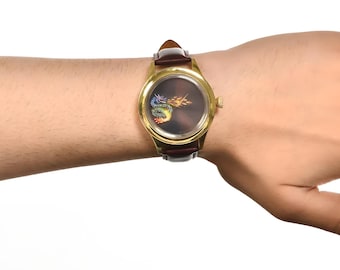 Orologio di lusso elegante dipinto a mano con drago, orologio da polso con mitologia cinese, orologio unisex in vera pelle, orologio in acciaio inossidabile, regalo fatto a mano