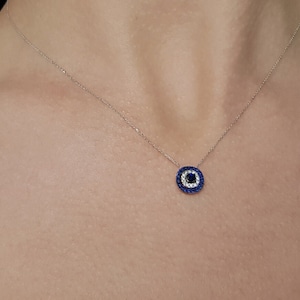 Genuine Blue Sapphire and Diamond Gemstones Evil Eye Pendant, Dainty 14K Solid Gold Women Turkish Eye Necklace, Talisman Necklace, Wife Gift