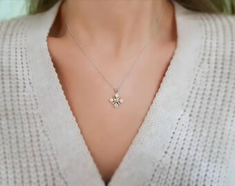 Collana da donna con diamanti genuini in oro 14K, collana con ciondolo X fatta a mano, collana di dichiarazione delicata, collana minimalista, regalo di anniversario