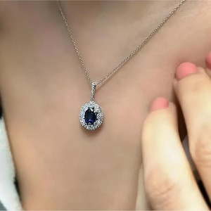 Elegant Oval Cut Sapphire Necklace, 14K Gold Genuine Diamonds Pave Necklace, Women Wedding Necklace, Statement Bridal Necklace, Gift for Her