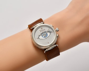 Evil Eye Micro Hand Painted Women Watch, Genuine Sapphire Retro Watch, Leather Band Watch, Gemstone Luxury Watch, Quartz Watch, Gift for Her