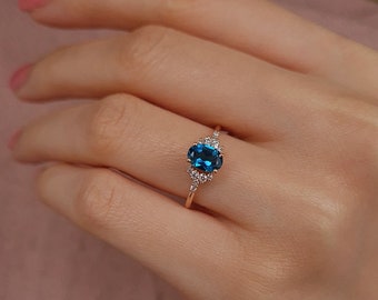 Dainty London Blue Topaz Ring, 14k Solid Gold Minimalist Women Ring, Diamond Statement Ring, Promise Ring, Gemstone Jewelry, Girlfriend Gift