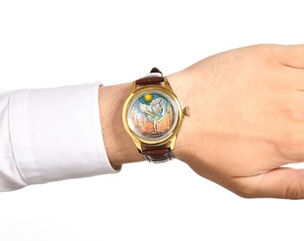 Micro Hand Painted Ostrich Bird Watch, Genuine Leather Women Wristwatch, Waterproof Analog Watch, Artistic Luxury Watch, Birthday Gift