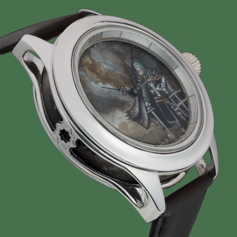 Genuine Leather Men Watch, Stainless Still Hand Painted Watercolor Knight Watch, Handmade Analog Watch, Elegant Wristwatch, Luxury Gift image 3