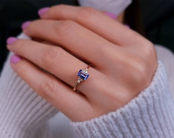 Octagon Tanzanite Solitaire Ring, Minimalist Diamond Engagement Ring, 14K Gold Wedding Ring, Bridal Jewelry, Thin Promise Ring, Unique Gift
