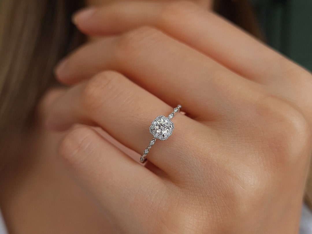 Sparkling Round Cut Diamond Solitaire Ring, 14K Gold Promise Ring ...