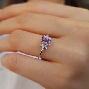 Emerald Cut Amethyst Solitaire Ring, 14K Gold Gemstone Engagement Ring, Diamond Bridal Ring, Women Promise Ring, Proposal Ring, Unique Gift