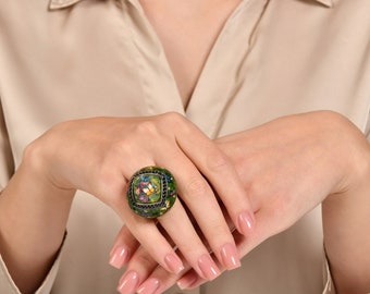 Handmålad fjärilssignetring, 24K guld naturring, tjock statementring, smycken för kvinnor, unik ring med svart diamant, födelsedagspresent
