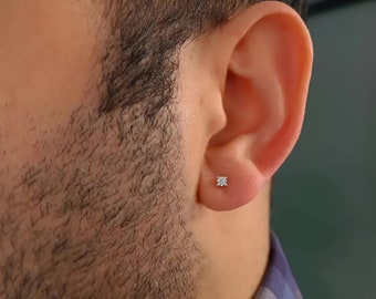 14K Gold 0.10ct Diamond Men Earring, Solitaire Stud Earring, Unique Minimalist Earring, Men Everyday Earring, Gemstone Earring, Men Gift