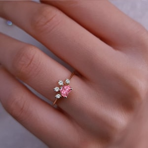 Tourmaline Paw Ring, Pink Heart Ring, Dainty Statement Ring, 14K Gold Animal Women Ring, Gemstone Jewelry, Unique Ring, Anniversary Gift