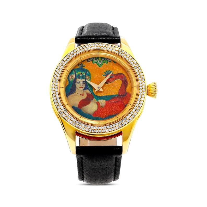 Wunderschöne Sahmaran bemalte Uhr, echte Diamanten Luxus Armbanduhr, echtes Leder Damen Uhr, türkische Mythologie Schlangenuhr, Geschenk für sie Bild 3